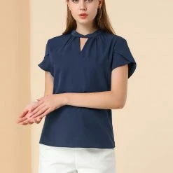 Allegra K Women's Elegant Tulip Sleeve Choker Neck Keyhole Back Work Office Blouse