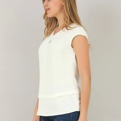 Allegra K Women's Pleated V Neckline Casual Sleeveless Office Business Blouse Top