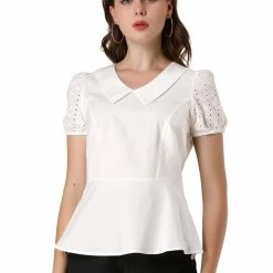 Allegra K Women's Work Office Shirt Lace Insert Peter Pan Collared Tops
