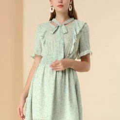 Allegra K Women's Bow Tie Neck Ruffle Short Sleeve Floral Dress