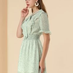 Allegra K Women's Bow Tie Neck Ruffle Short Sleeve Floral Dress