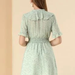 Allegra K Women's Bow Tie Neck Ruffle Short Sleeve Floral Dress