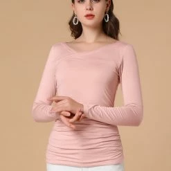 Allegra K Women's 3/4 Sleeve Ruched V Neck Casual Solid Top Blouse