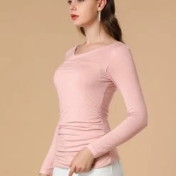 Allegra K Women's 3/4 Sleeve Ruched V Neck Casual Solid Top Blouse