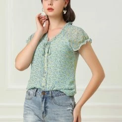 Allegra K Women's Floral Printed Ruffles Cap Sleeve Chiffon Blouse Top