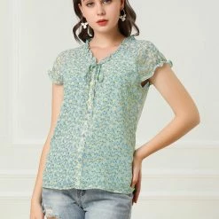 Allegra K Women's Floral Printed Ruffles Cap Sleeve Chiffon Blouse Top