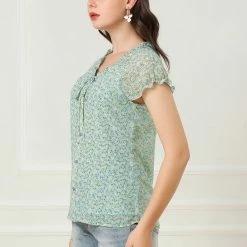 Allegra K Women's Floral Printed Ruffles Cap Sleeve Chiffon Blouse Top