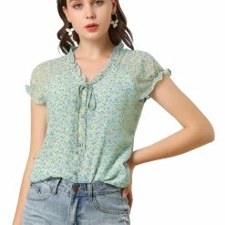 Allegra K Women's Floral Printed Ruffles Cap Sleeve Chiffon Blouse Top