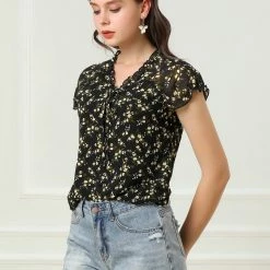 Allegra K Women's Floral Printed Ruffles Cap Sleeve Chiffon Blouse Top