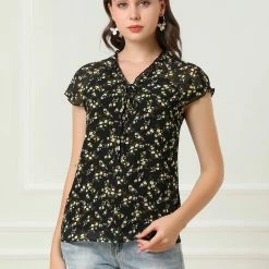 Allegra K Women's Floral Printed Ruffles Cap Sleeve Chiffon Blouse Top