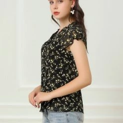 Allegra K Women's Floral Printed Ruffles Cap Sleeve Chiffon Blouse Top