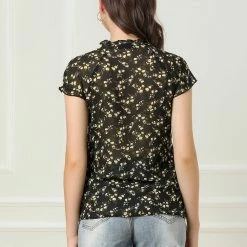 Allegra K Women's Floral Printed Ruffles Cap Sleeve Chiffon Blouse Top