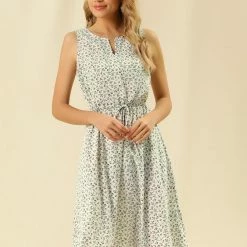 Allegra K Women's Printed Split Neck Drawstring Waist Sleeveless A-Line Dress 95 Allegra K Women's Printed Split Neck Drawstring Waist Sleeveless A-Line Dress