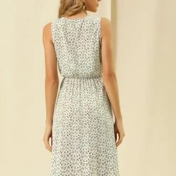 Allegra K Women's Printed Split Neck Drawstring Waist Sleeveless A-Line Dress 96 Allegra K Women's Printed Split Neck Drawstring Waist Sleeveless A-Line Dress