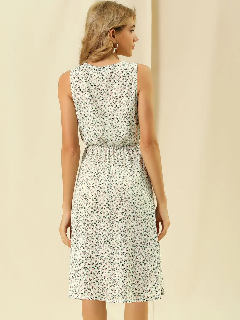 Allegra K Women's Printed Split Neck Drawstring Waist Sleeveless A-Line Dress 43 Allegra K Women's Printed Split Neck Drawstring Waist Sleeveless A-Line Dress
