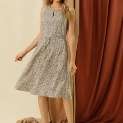 Allegra K Women's Printed Split Neck Drawstring Waist Sleeveless A-Line Dress 87 Allegra K Women's Printed Split Neck Drawstring Waist Sleeveless A-Line Dress