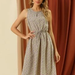 Allegra K Women's Printed Split Neck Drawstring Waist Sleeveless A-Line Dress 88 Allegra K Women's Printed Split Neck Drawstring Waist Sleeveless A-Line Dress
