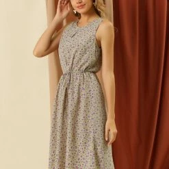 Allegra K Women's Printed Split Neck Drawstring Waist Sleeveless A-Line Dress 89 Allegra K Women's Printed Split Neck Drawstring Waist Sleeveless A-Line Dress