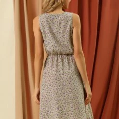 Allegra K Women's Printed Split Neck Drawstring Waist Sleeveless A-Line Dress 90 Allegra K Women's Printed Split Neck Drawstring Waist Sleeveless A-Line Dress