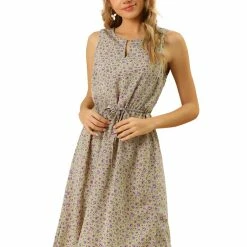 Allegra K Women's Printed Split Neck Drawstring Waist Sleeveless A-Line Dress 86 Allegra K Women's Printed Split Neck Drawstring Waist Sleeveless A-Line Dress