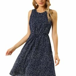 Allegra K Women's Printed Split Neck Drawstring Waist Sleeveless A-Line Dress 80 Allegra K Women's Printed Split Neck Drawstring Waist Sleeveless A-Line Dress