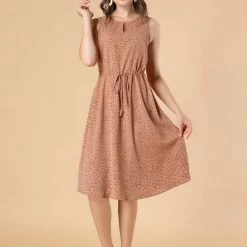 Allegra K Women's Printed Split Neck Drawstring Waist Sleeveless A-Line Dress 75 Allegra K Women's Printed Split Neck Drawstring Waist Sleeveless A-Line Dress