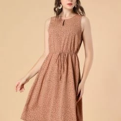 Allegra K Women's Printed Split Neck Drawstring Waist Sleeveless A-Line Dress 76 Allegra K Women's Printed Split Neck Drawstring Waist Sleeveless A-Line Dress