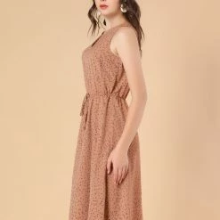 Allegra K Women's Printed Split Neck Drawstring Waist Sleeveless A-Line Dress 77 Allegra K Women's Printed Split Neck Drawstring Waist Sleeveless A-Line Dress