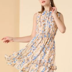 Allegra K Women's Floral A-line Smocked Waist Tiered Ruffled Chiffon Mini Dress