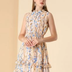 Allegra K Women's Floral A-line Smocked Waist Tiered Ruffled Chiffon Mini Dress