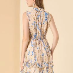 Allegra K Women's Floral A-line Smocked Waist Tiered Ruffled Chiffon Mini Dress