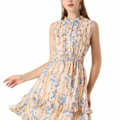 Allegra K Women's Floral A-line Smocked Waist Tiered Ruffled Chiffon Mini Dress