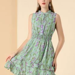 Allegra K Women's Floral A-line Smocked Waist Tiered Ruffled Chiffon Mini Dress