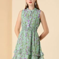 Allegra K Women's Floral A-line Smocked Waist Tiered Ruffled Chiffon Mini Dress
