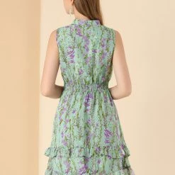 Allegra K Women's Floral A-line Smocked Waist Tiered Ruffled Chiffon Mini Dress
