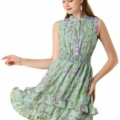Allegra K Women's Floral A-line Smocked Waist Tiered Ruffled Chiffon Mini Dress