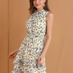 Allegra K Women's Floral A-line Smocked Waist Tiered Ruffled Chiffon Mini Dress