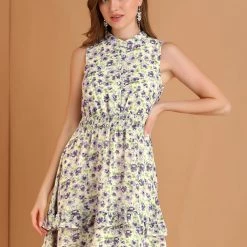 Allegra K Women's Floral A-line Smocked Waist Tiered Ruffled Chiffon Mini Dress