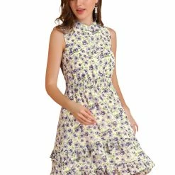 Allegra K Women's Floral A-line Smocked Waist Tiered Ruffled Chiffon Mini Dress
