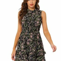 Allegra K Women's Floral A-line Smocked Waist Tiered Ruffled Chiffon Mini Dress