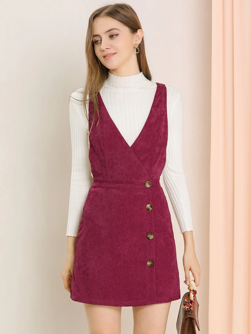 Allegra K Women's Corduroy Mini V Neck A-line Pinafore Bib Overall Dress 12 Allegra K Women's Corduroy Mini V Neck A-line Pinafore Bib Overall Dress