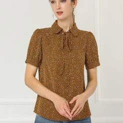 Allegra K Women's Polka Dots Short Sleeve Bow Tie Peter Pan Collar Chiffon Blouse