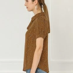 Allegra K Women's Polka Dots Short Sleeve Bow Tie Peter Pan Collar Chiffon Blouse