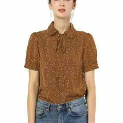 Allegra K Women's Polka Dots Short Sleeve Bow Tie Peter Pan Collar Chiffon Blouse