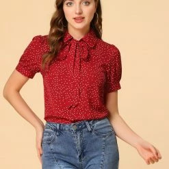 Allegra K Women's Polka Dots Short Sleeve Bow Tie Peter Pan Collar Chiffon Blouse