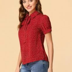 Allegra K Women's Polka Dots Short Sleeve Bow Tie Peter Pan Collar Chiffon Blouse