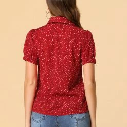 Allegra K Women's Polka Dots Short Sleeve Bow Tie Peter Pan Collar Chiffon Blouse