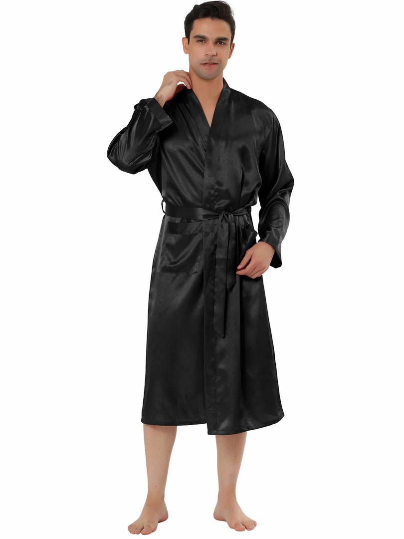 Allegra K Men's Satin Robe Sleep Nightdress Long Sleeve Lounge Sleepwear Pajama Dress Bathrobe 12 Allegra K Men's Satin Robe Sleep Nightdress Long Sleeve Lounge Sleepwear Pajama Dress Bathrobe