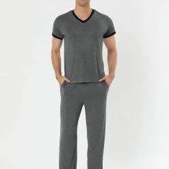 Allegra K Men's Sleepwear Set V-Neck Short Sleeve And Bottoms Lounge Pajama Set Suit