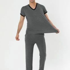 Allegra K Men's Sleepwear Set V-Neck Short Sleeve And Bottoms Lounge Pajama Set Suit